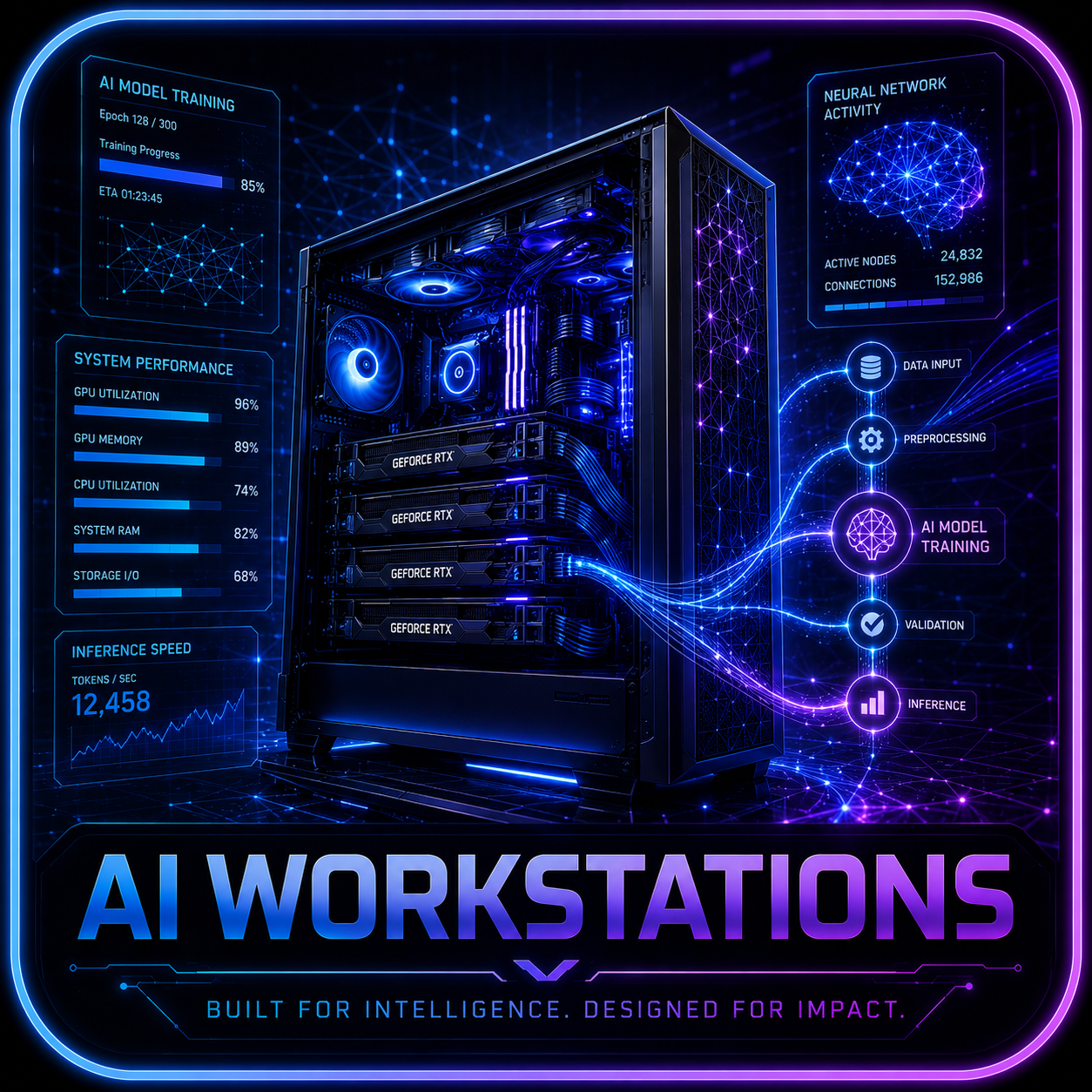 AI workstation tower with multiple GPUs, model training overlays, and neural network graphics.