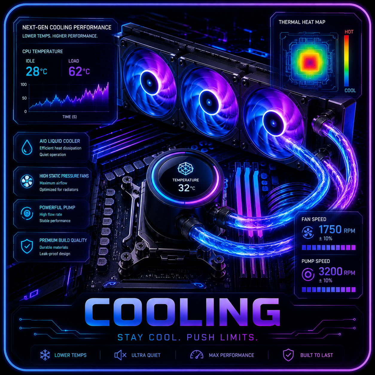 Liquid cooling system with temperature, fan speed, pump speed, and heat map overlays.