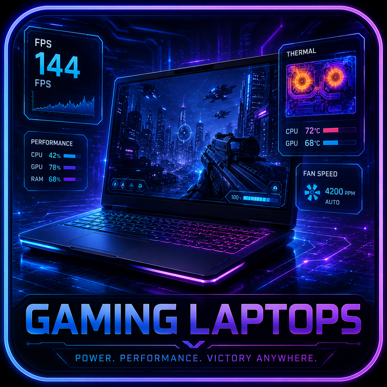 Gaming laptop with FPS, thermal, fan speed, and performance overlays in neon lighting.
