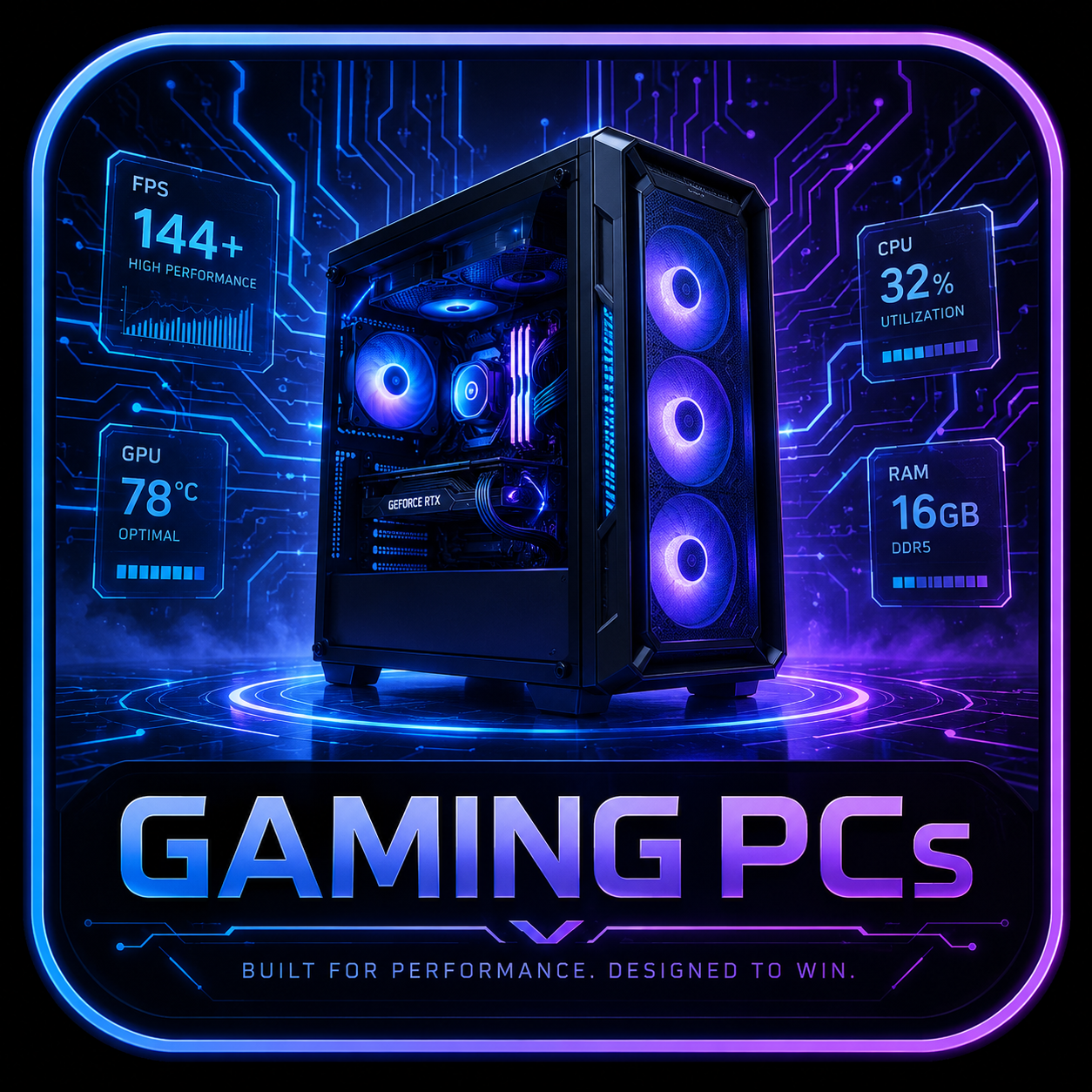 Neon gaming PC tower with performance overlays and blue and violet border lighting.