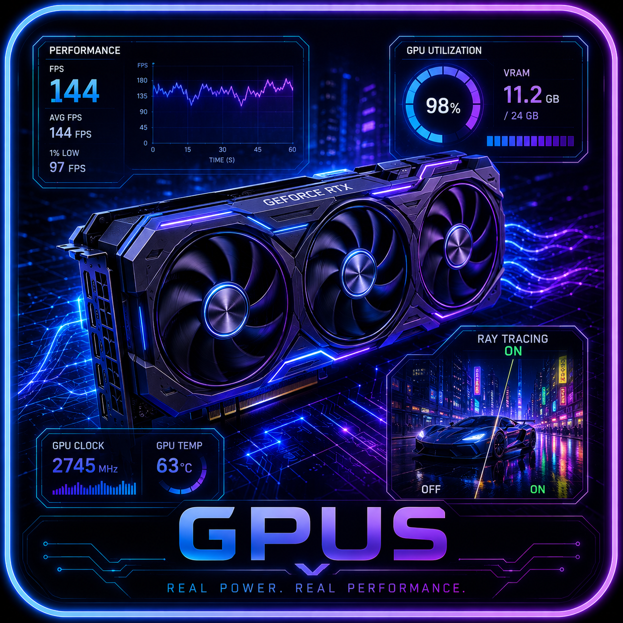 Triple-fan graphics card with GPU utilization, VRAM, ray tracing, and performance overlays.