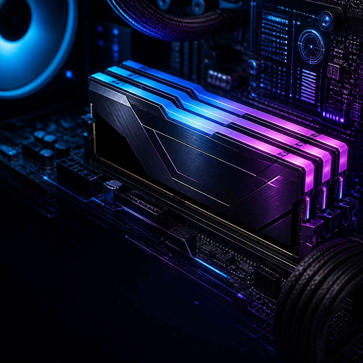 RGB DDR5 desktop memory modules installed on a motherboard with neon diagnostics.