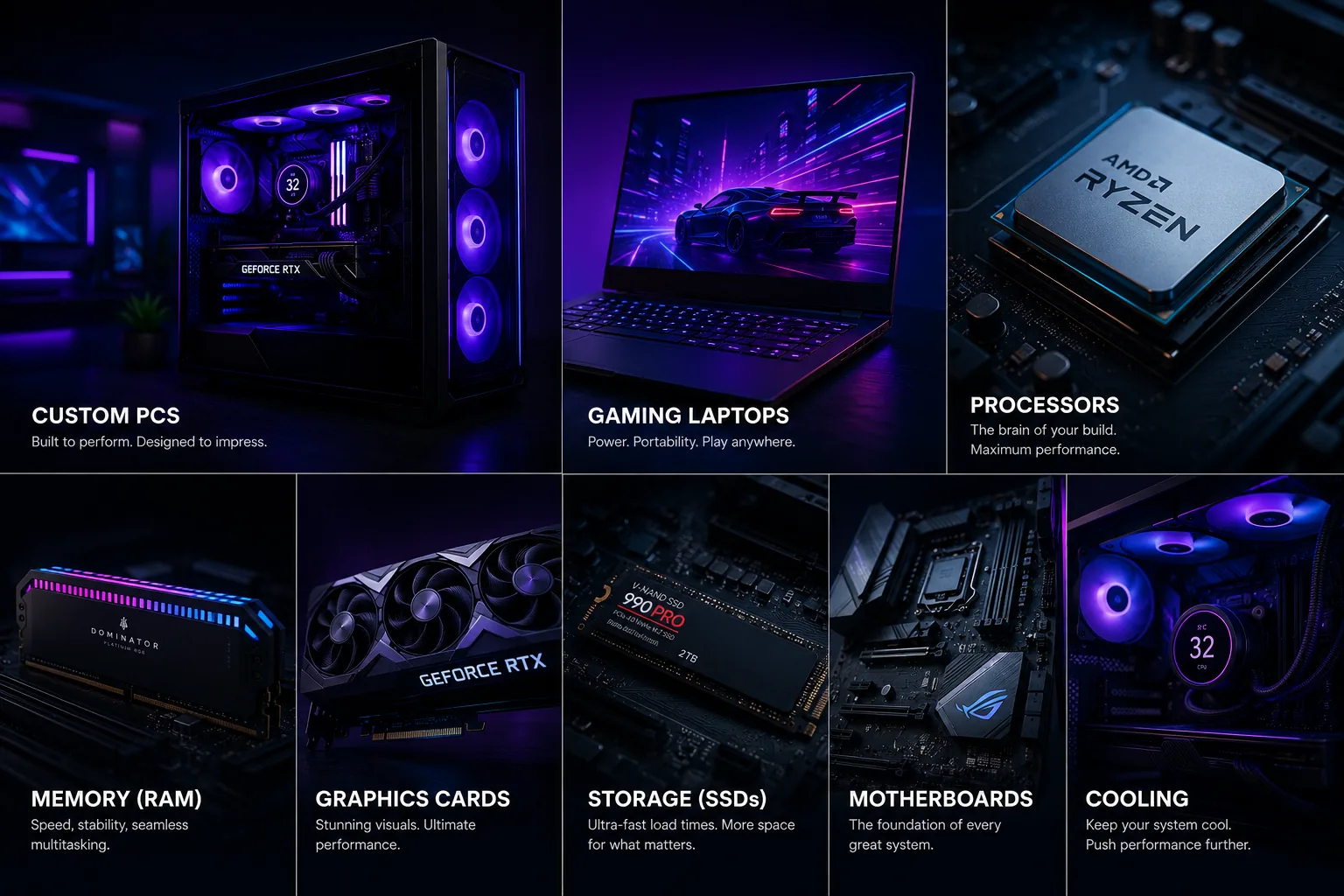 Neon product category collage showing desktops, laptops, processors, RAM, graphics cards, SSDs, motherboards, and cooling.